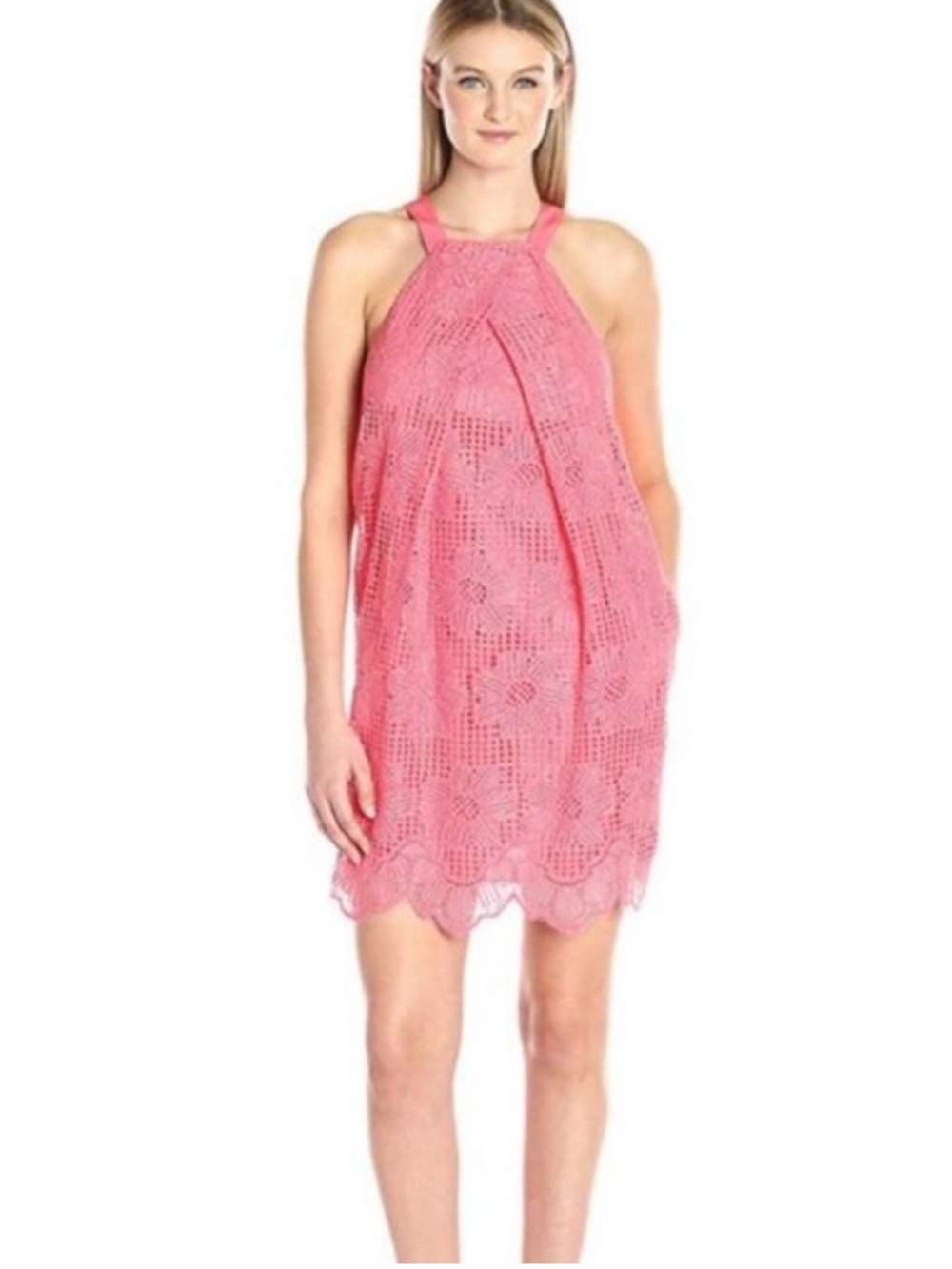 Trina Turk Felisha Guava Pink Lace Halter Dress Scalloped Hem
